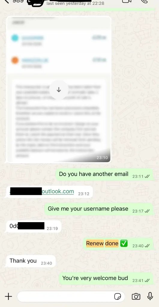 Real WhatsApp chat showing instant IPTV renewal confirmation in 3 minutes