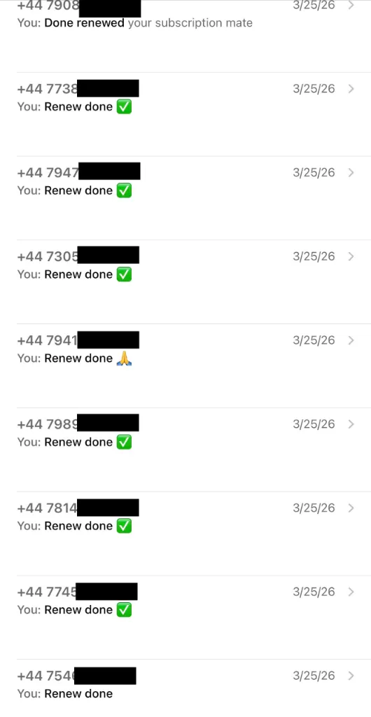 Real WhatsApp chat log of multiple UK subscribers confirming IPTV renewals with +44 numbers