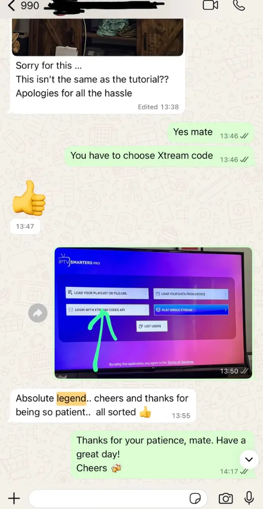 Real WhatsApp chat showing IPTV UK support guiding a customer through Smart TV Xtream Codes setup